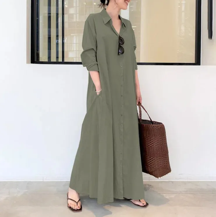 European and American style cotton linen solid color lapel long sleeve pocket simple loose casual long shirt dress