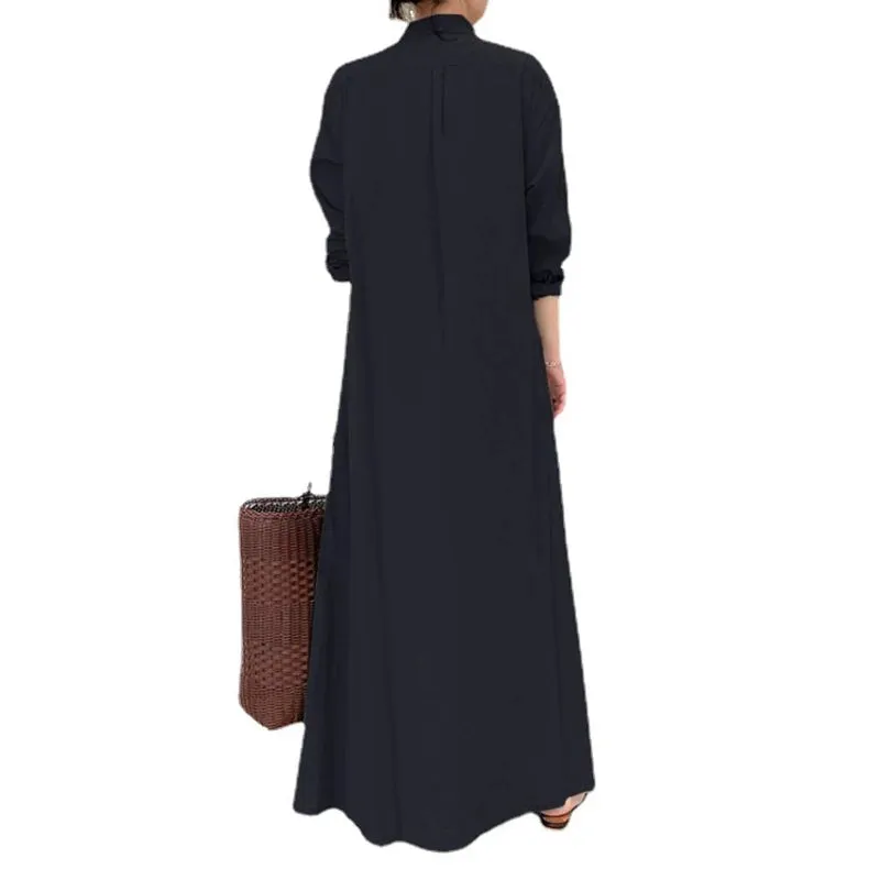 European and American style cotton linen solid color lapel long sleeve pocket simple loose casual long shirt dress