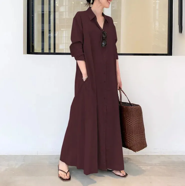 European and American style cotton linen solid color lapel long sleeve pocket simple loose casual long shirt dress
