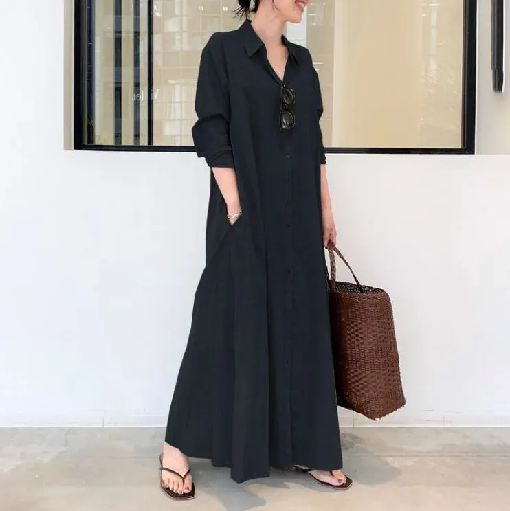 European and American style cotton linen solid color lapel long sleeve pocket simple loose casual long shirt dress