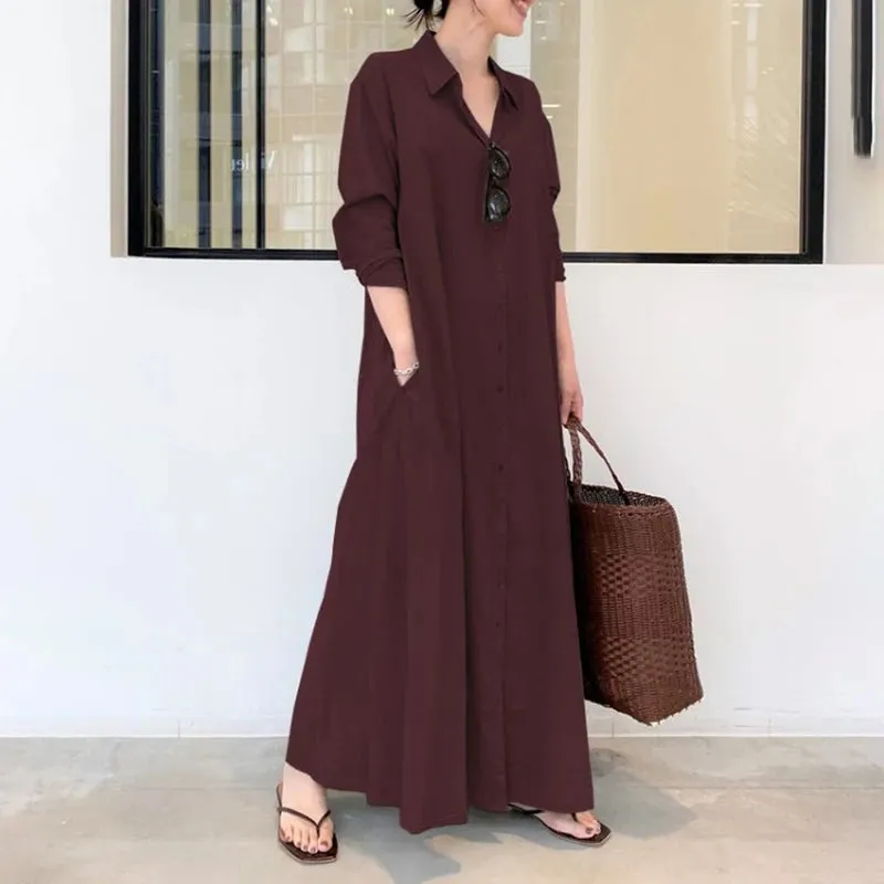 European and American style cotton linen solid color lapel long sleeve pocket simple loose casual long shirt dress