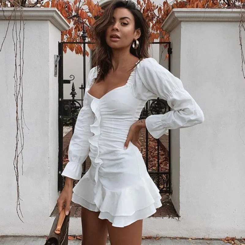 EvaQueen White Ruffles Sexy Strapless Off Shoulder Club Mini Dress
