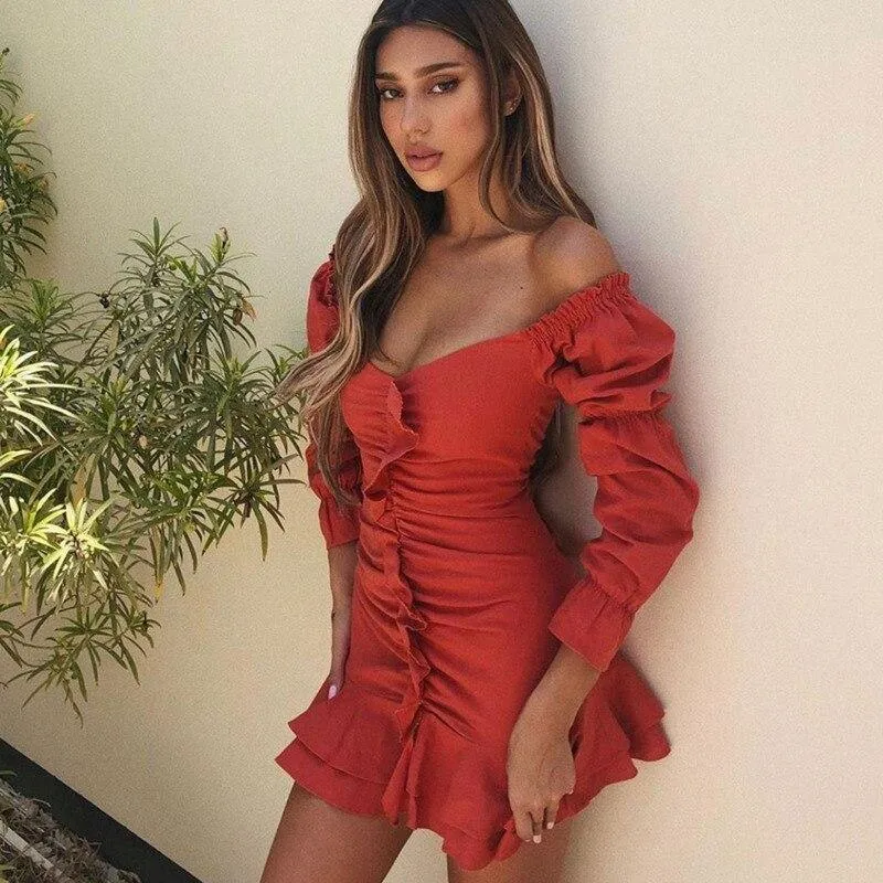 EvaQueen White Ruffles Sexy Strapless Off Shoulder Club Mini Dress