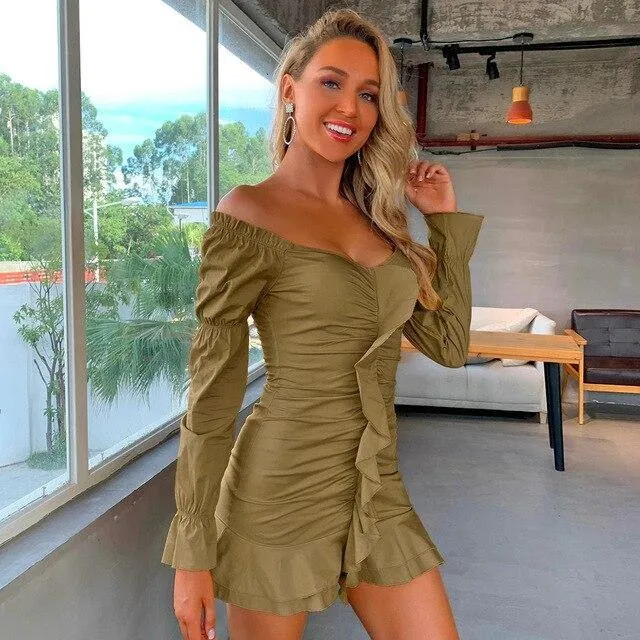 EvaQueen White Ruffles Sexy Strapless Off Shoulder Club Mini Dress