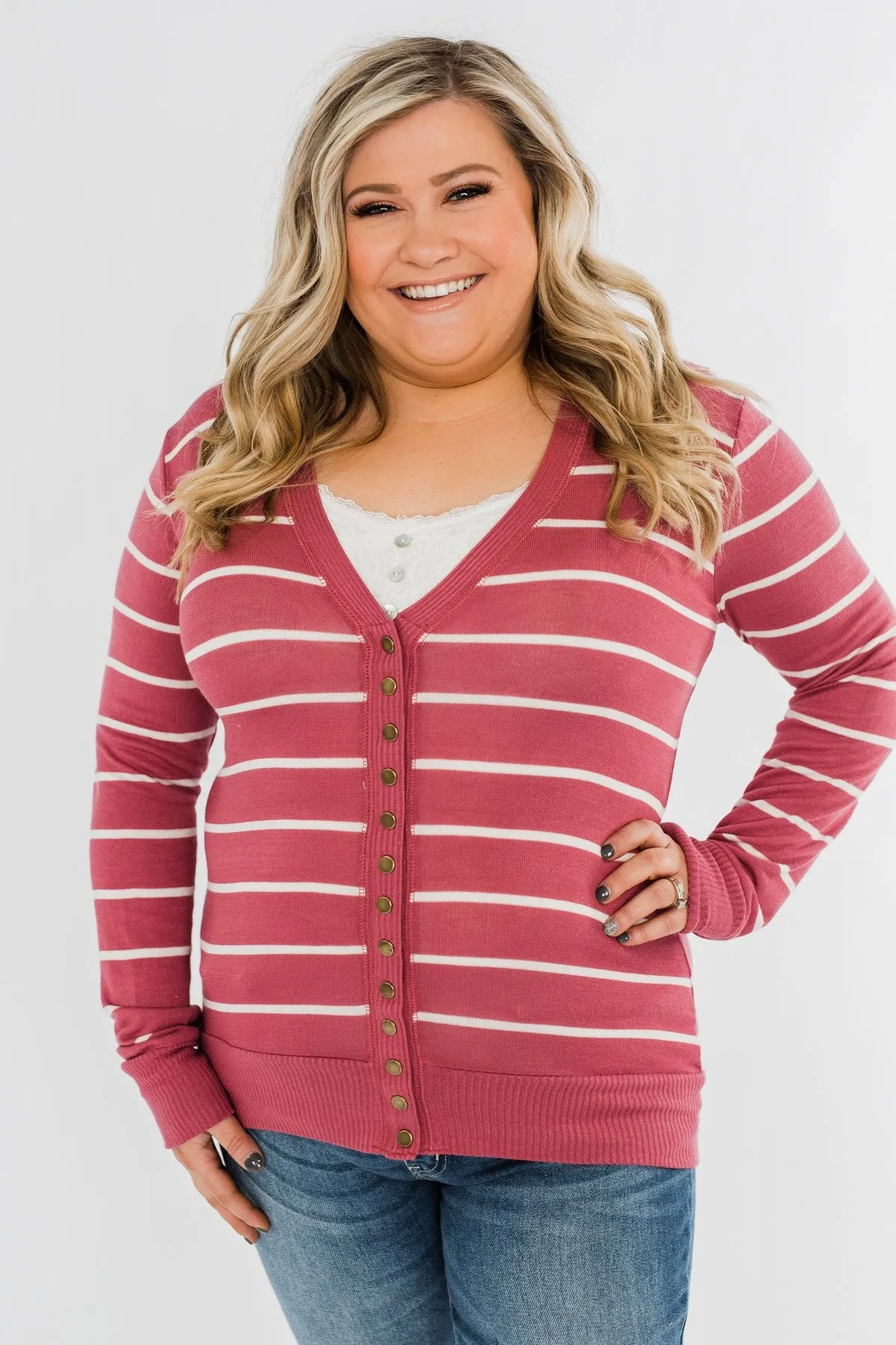 Everyday Striped Button Cardigan- Raspberry Pink