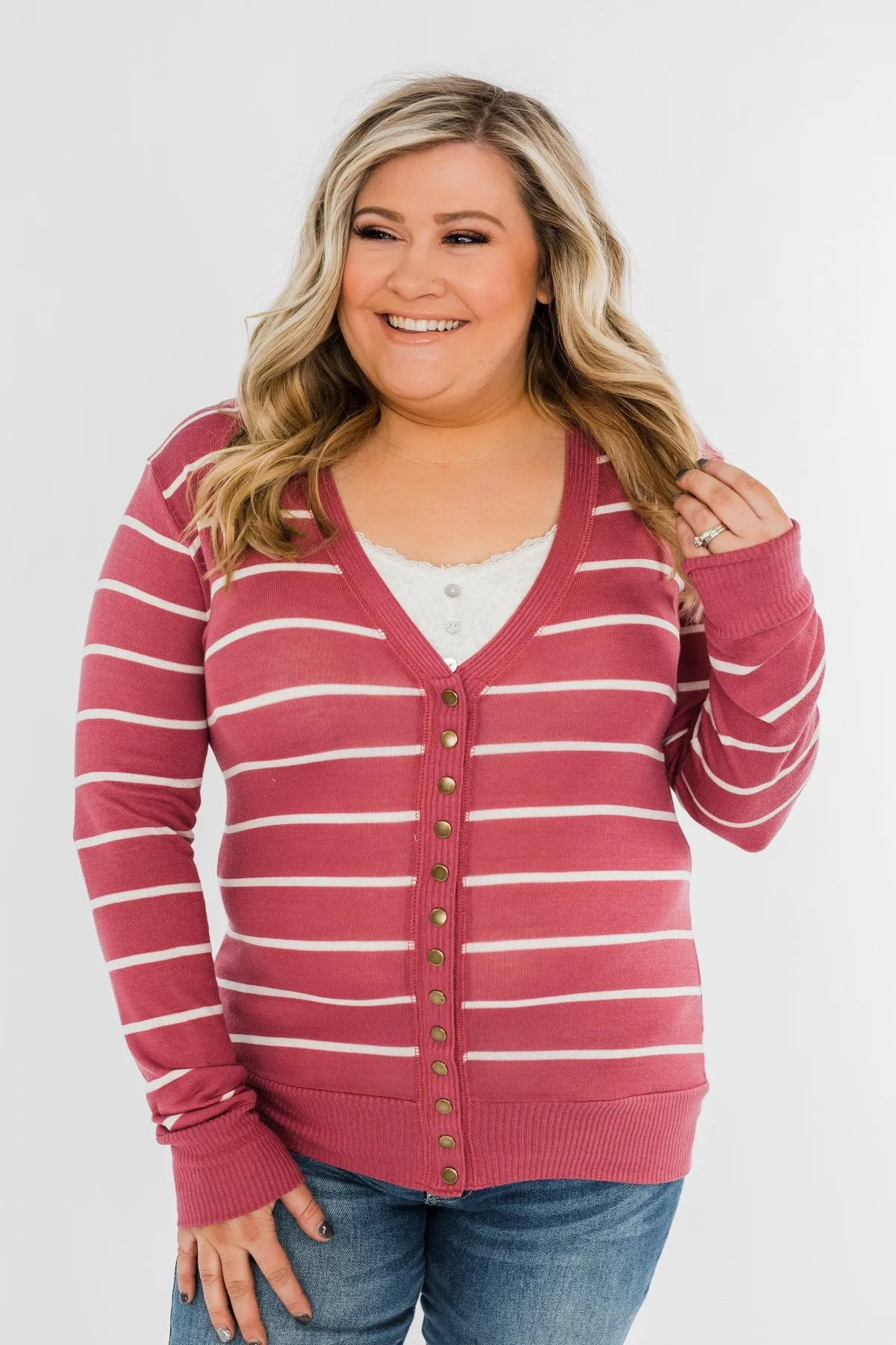 Everyday Striped Button Cardigan- Raspberry Pink