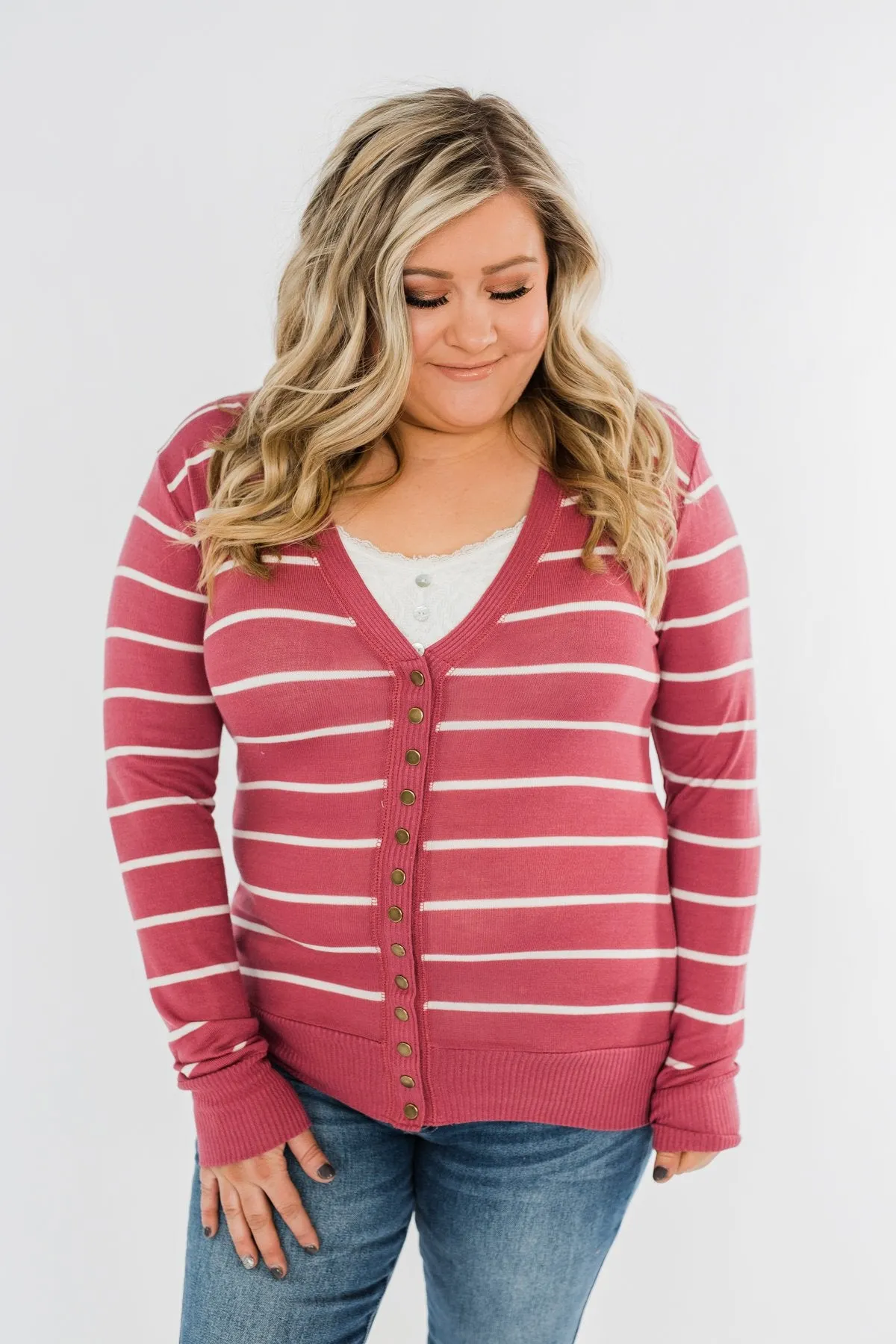 Everyday Striped Button Cardigan- Raspberry Pink