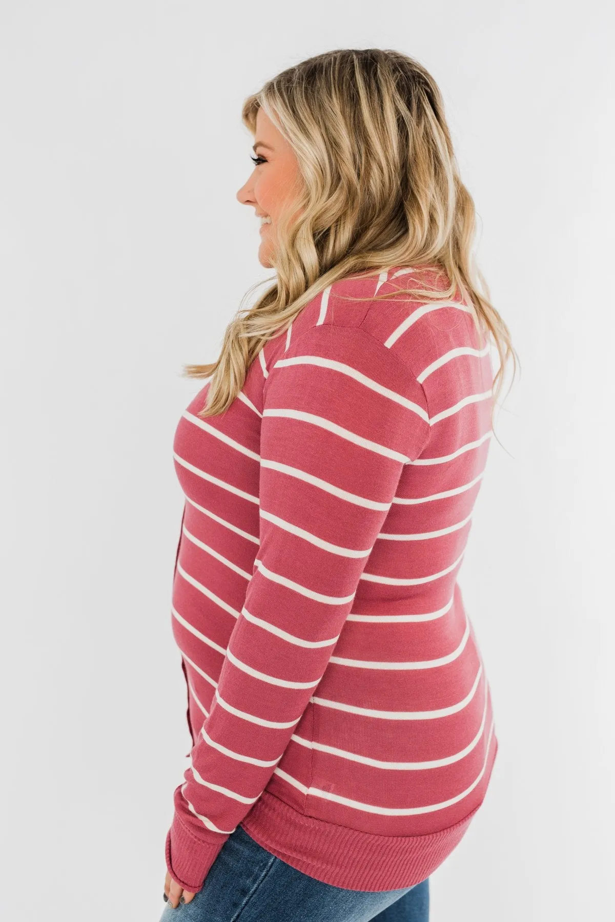 Everyday Striped Button Cardigan- Raspberry Pink