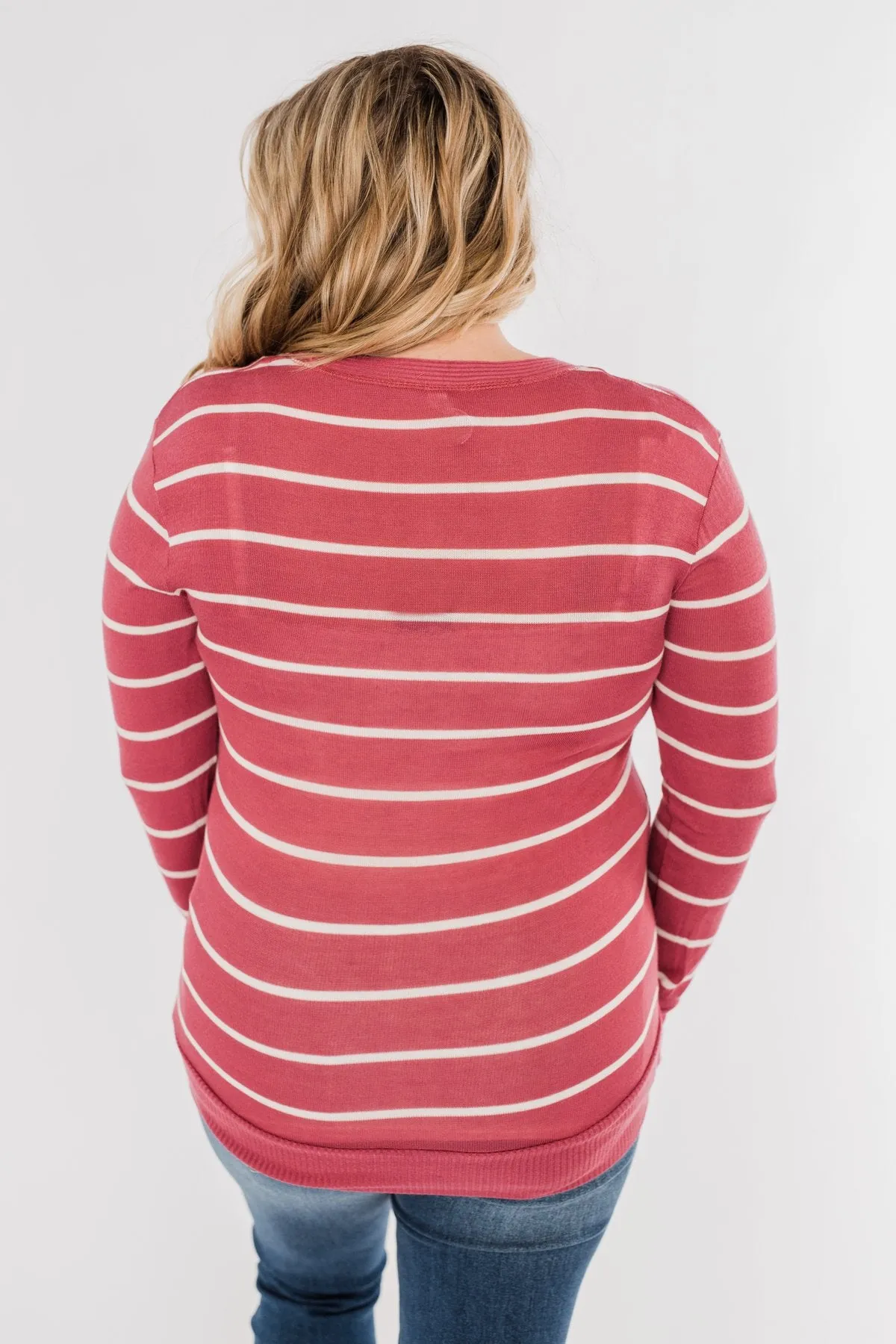 Everyday Striped Button Cardigan- Raspberry Pink