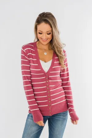 Everyday Striped Button Cardigan- Raspberry Pink