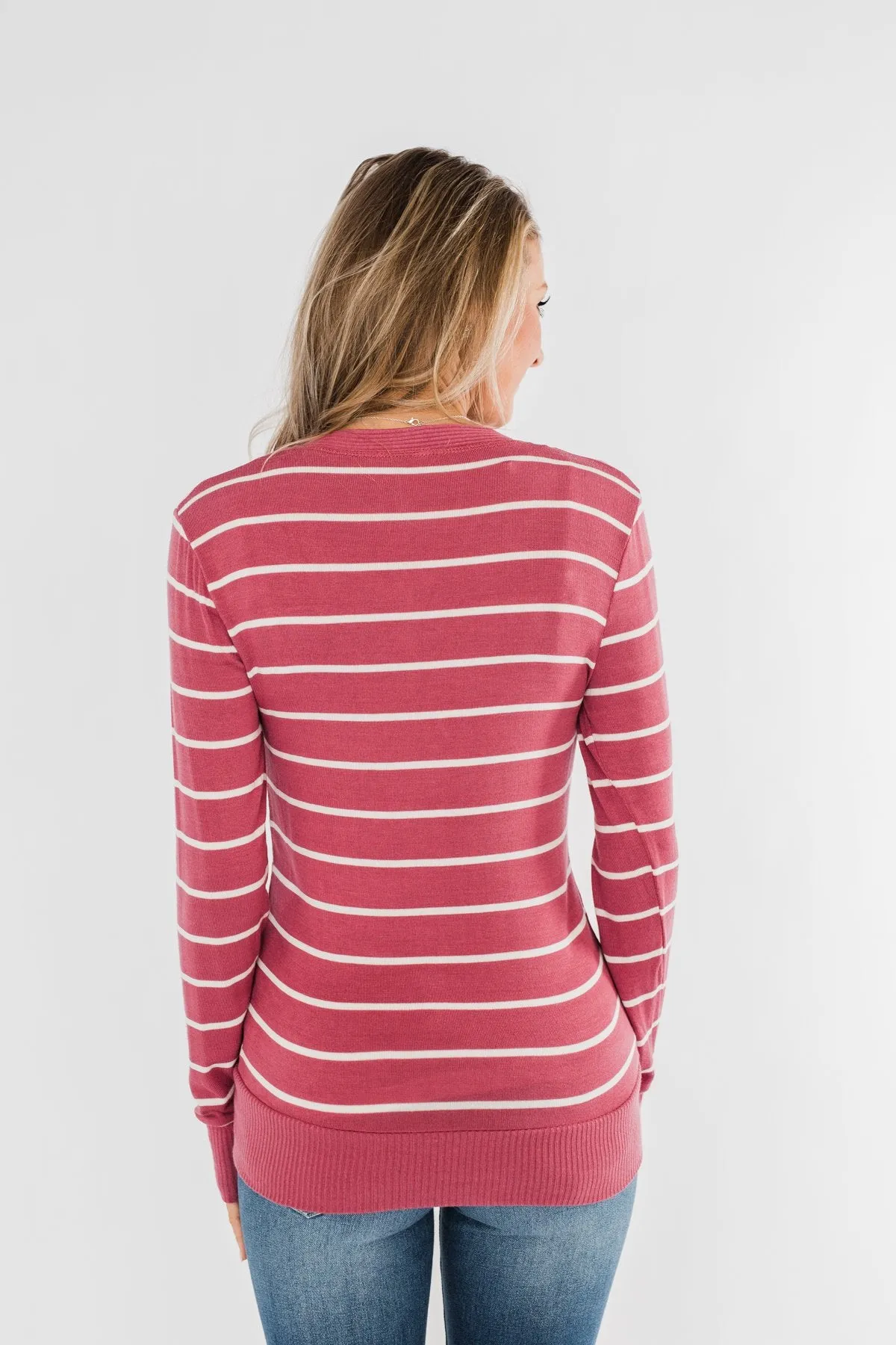 Everyday Striped Button Cardigan- Raspberry Pink