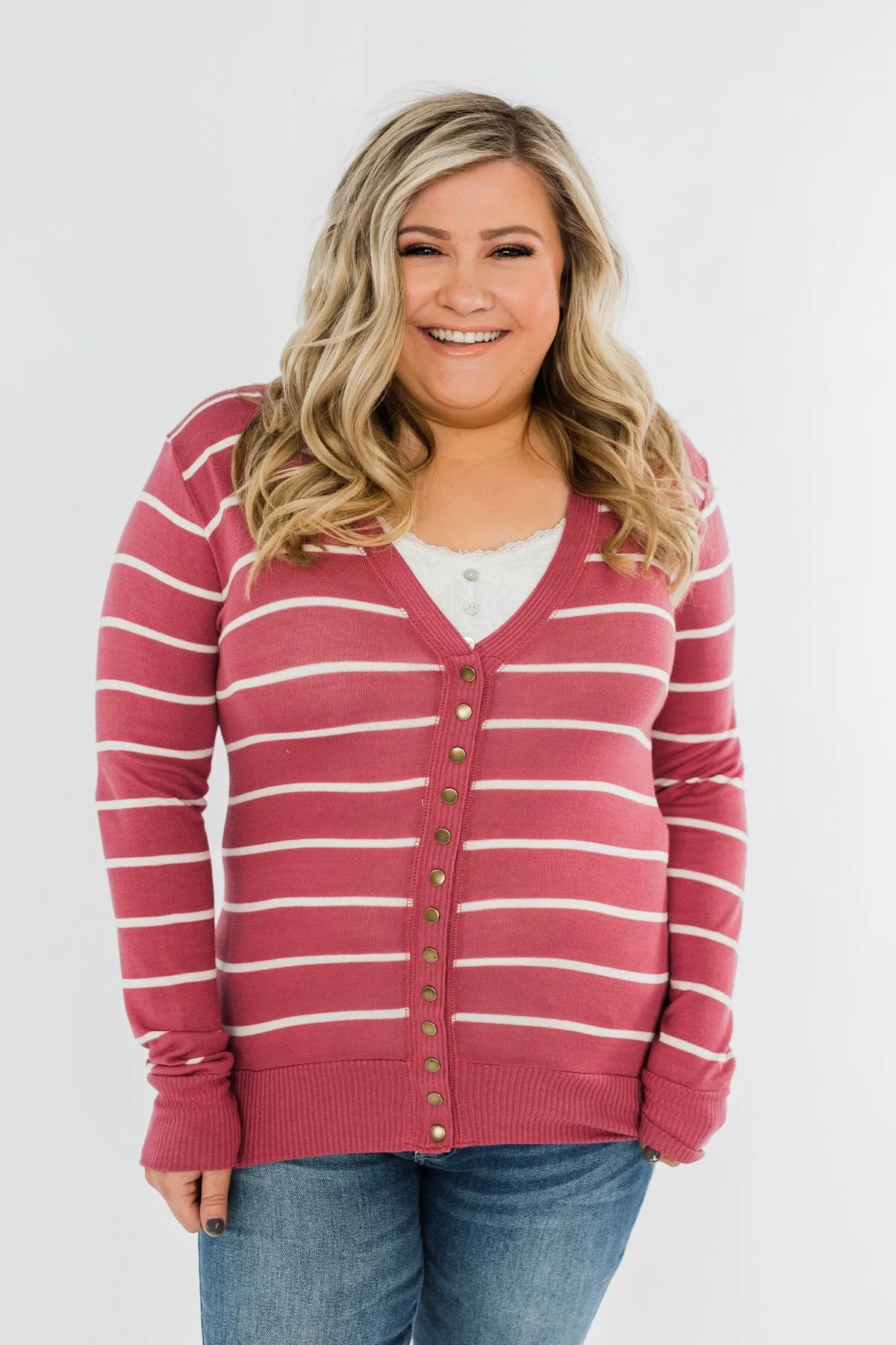 Everyday Striped Button Cardigan- Raspberry Pink