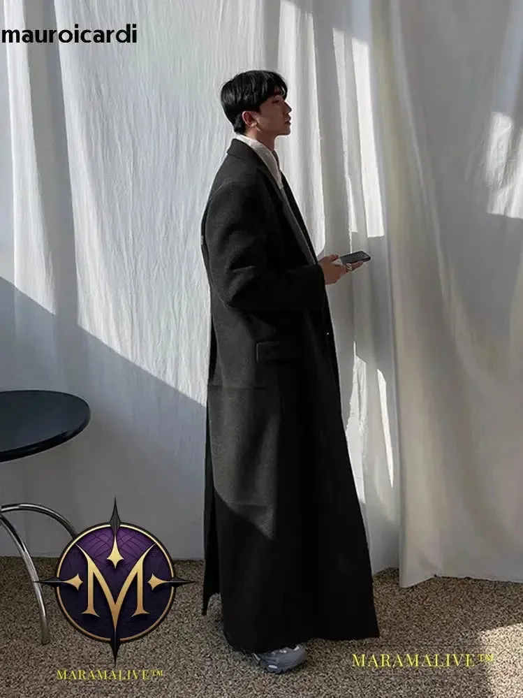 Extra Long Warm Black Loose Casual Wool Blends Coat Men Luxury Floor Length Overcoat Fashion