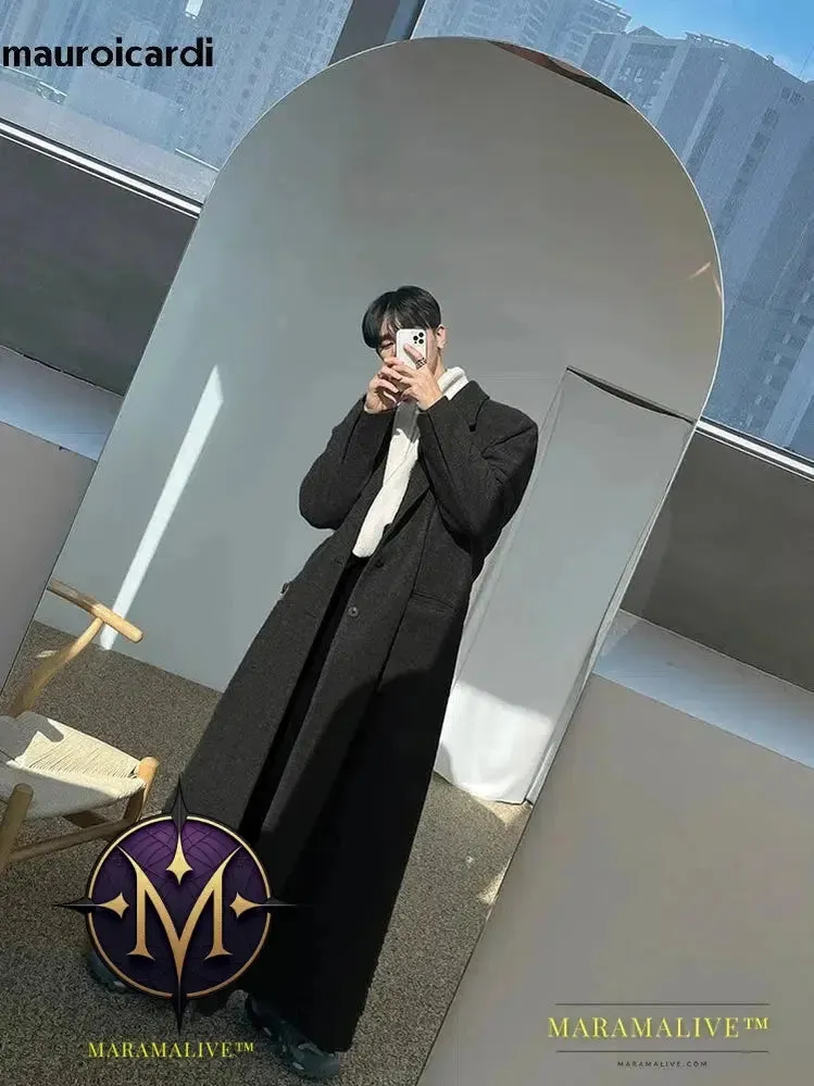 Extra Long Warm Black Loose Casual Wool Blends Coat Men Luxury Floor Length Overcoat Fashion