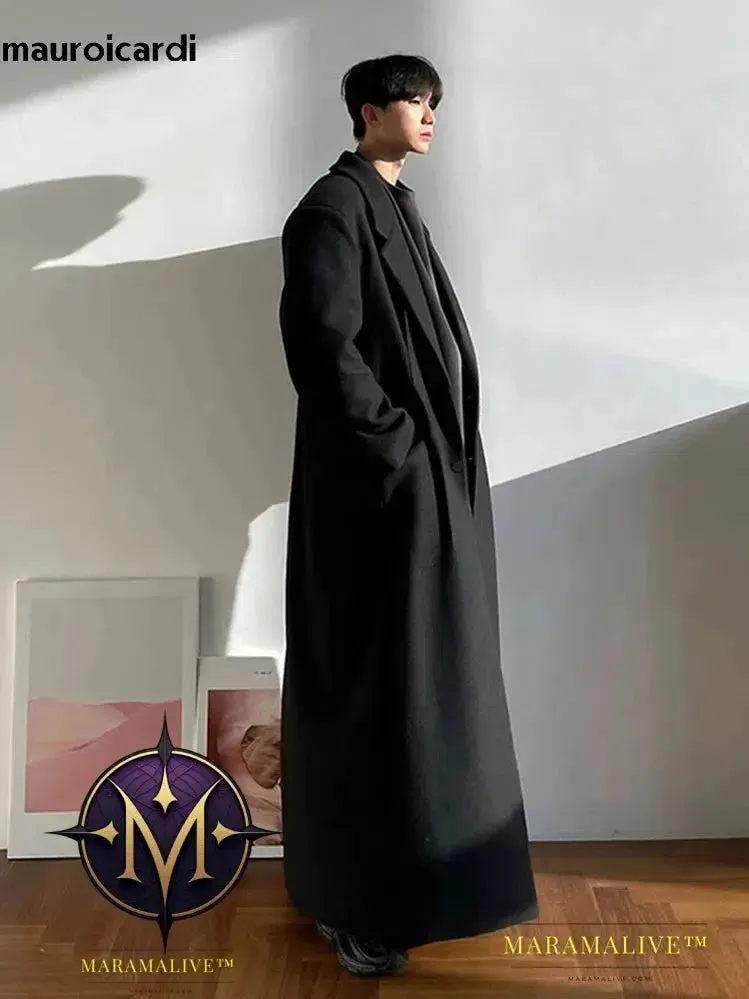 Extra Long Warm Black Loose Casual Wool Blends Coat Men Luxury Floor Length Overcoat Fashion