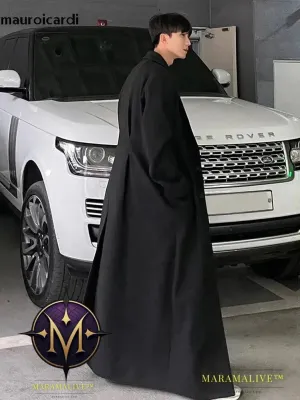Extra Long Warm Black Loose Casual Wool Blends Coat Men Luxury Floor Length Overcoat Fashion