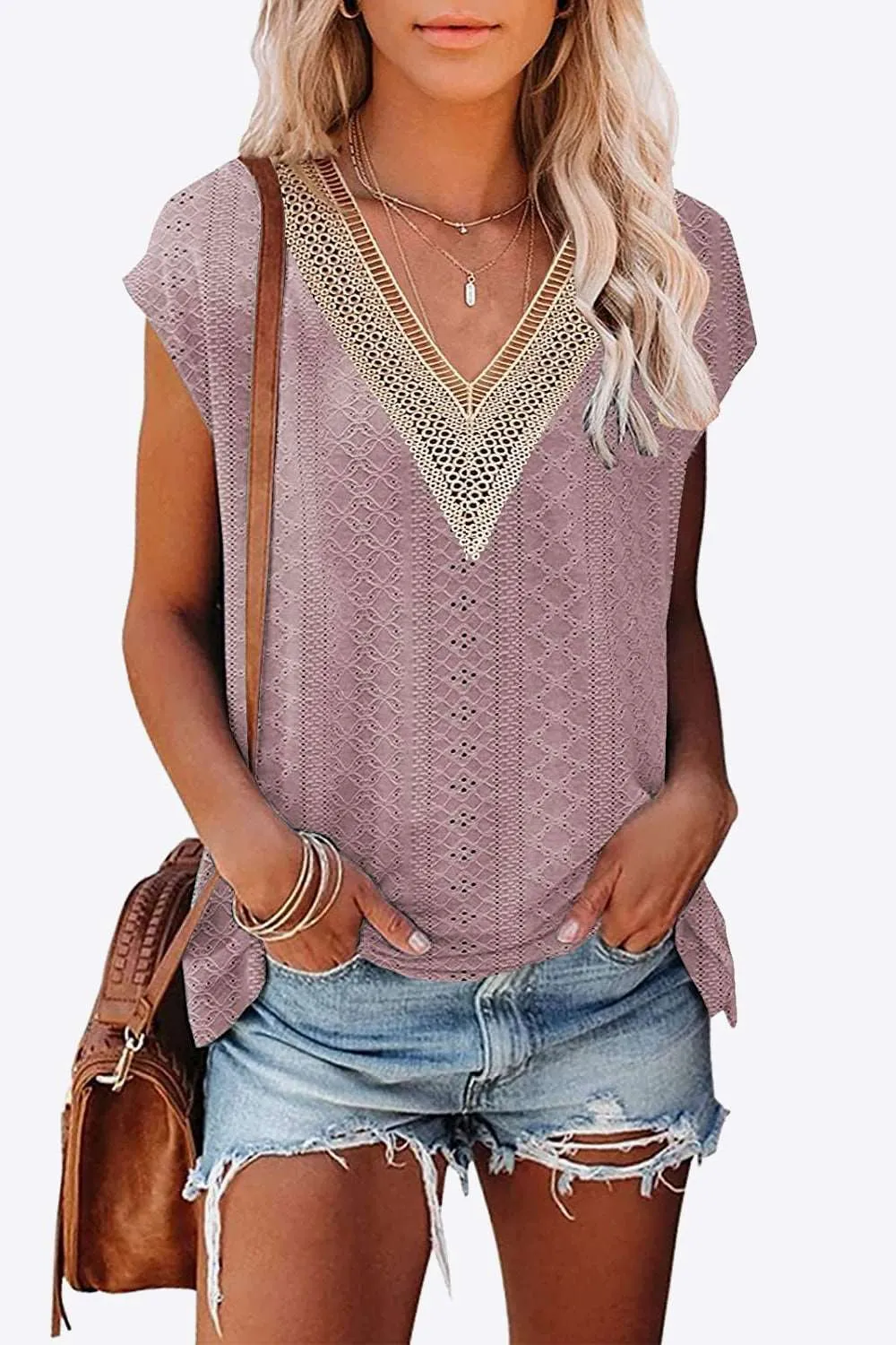 Eyelet Contrast V-Neck Tee (6 Colors)