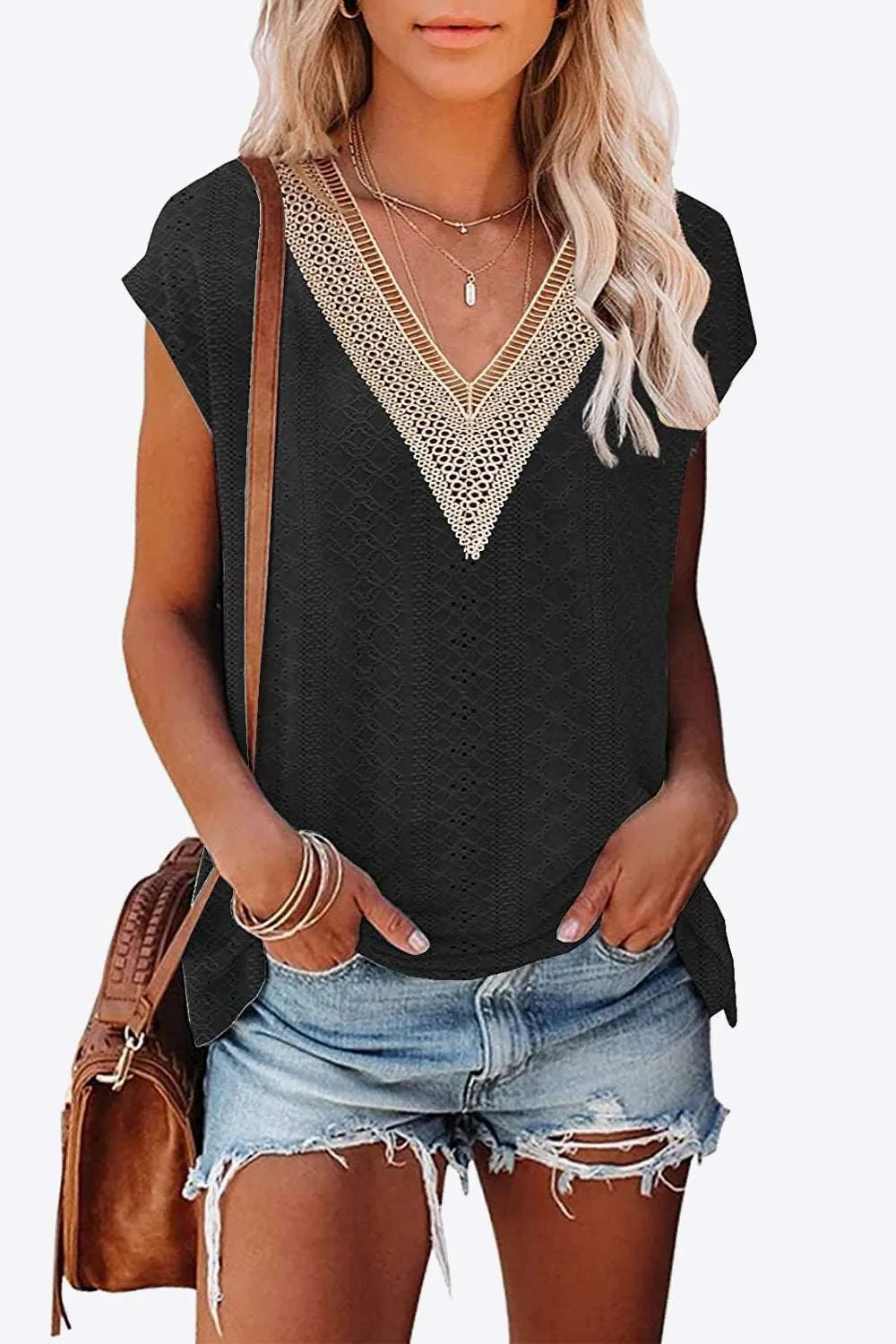 Eyelet Contrast V-Neck Tee (6 Colors)
