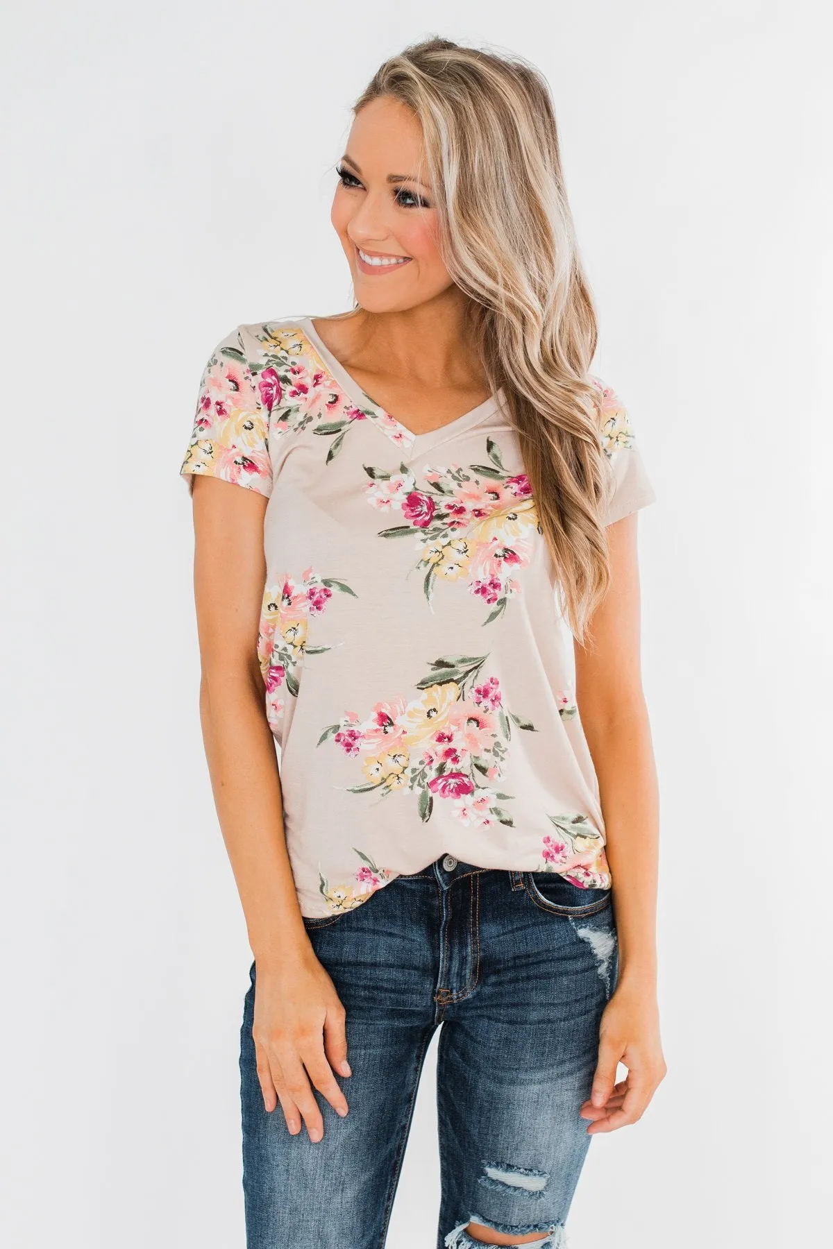 Falling For Floral V-Neck Top- Light Peach