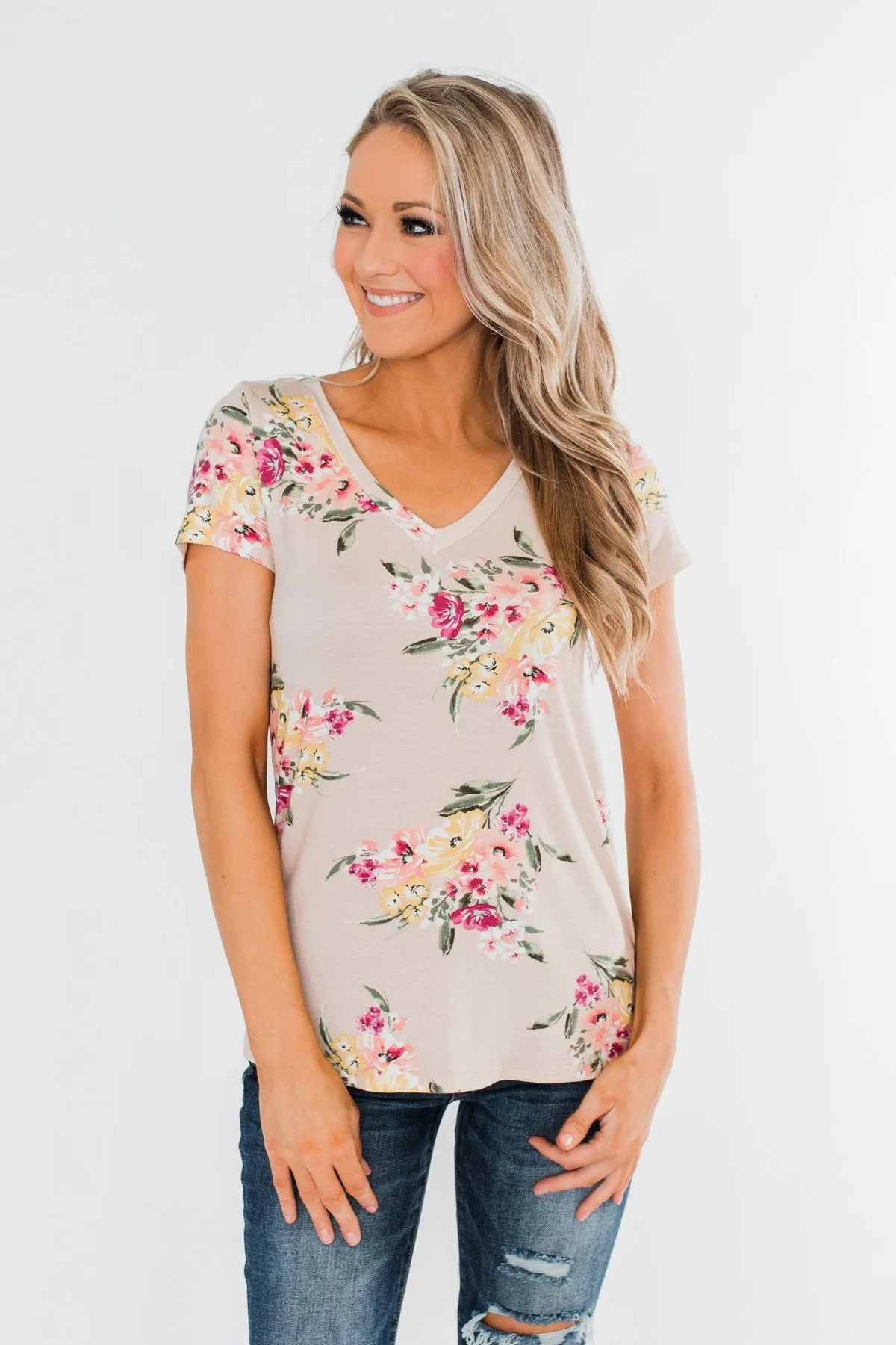 Falling For Floral V-Neck Top- Light Peach