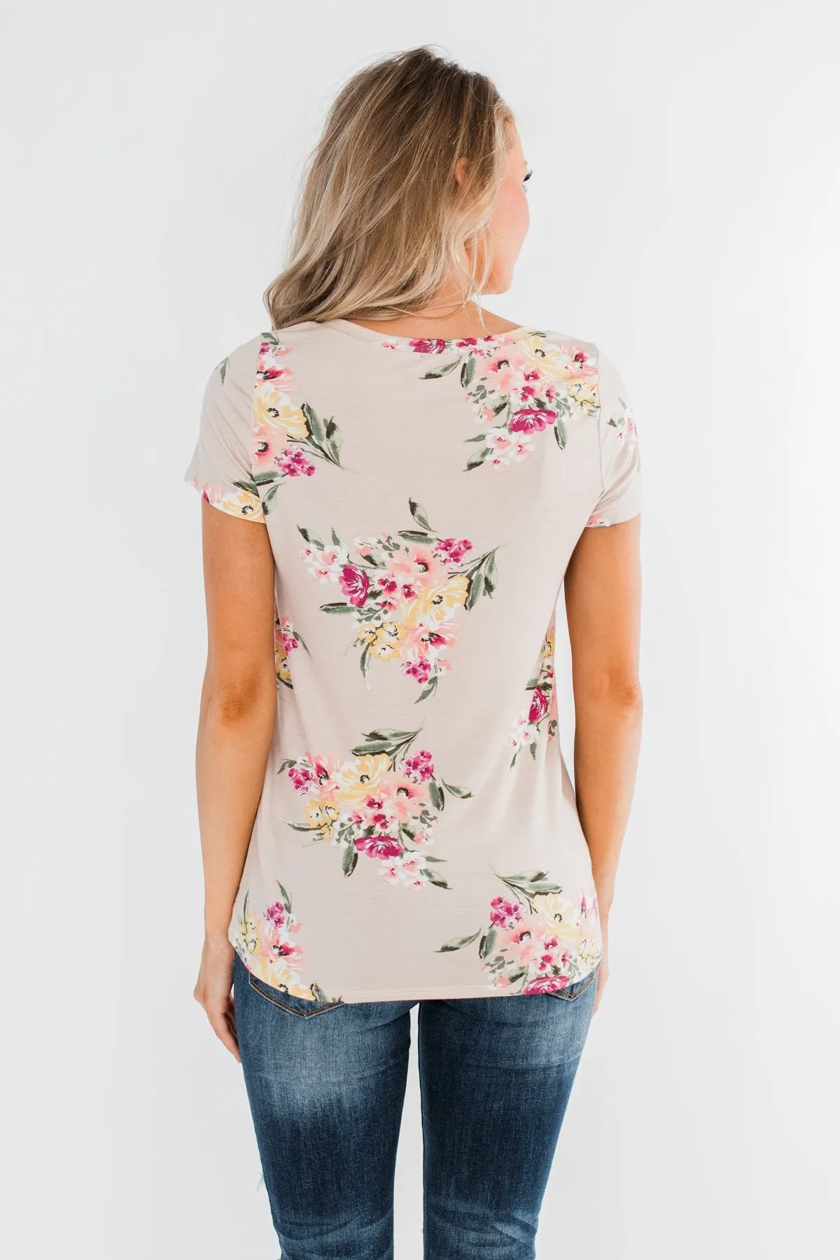 Falling For Floral V-Neck Top- Light Peach