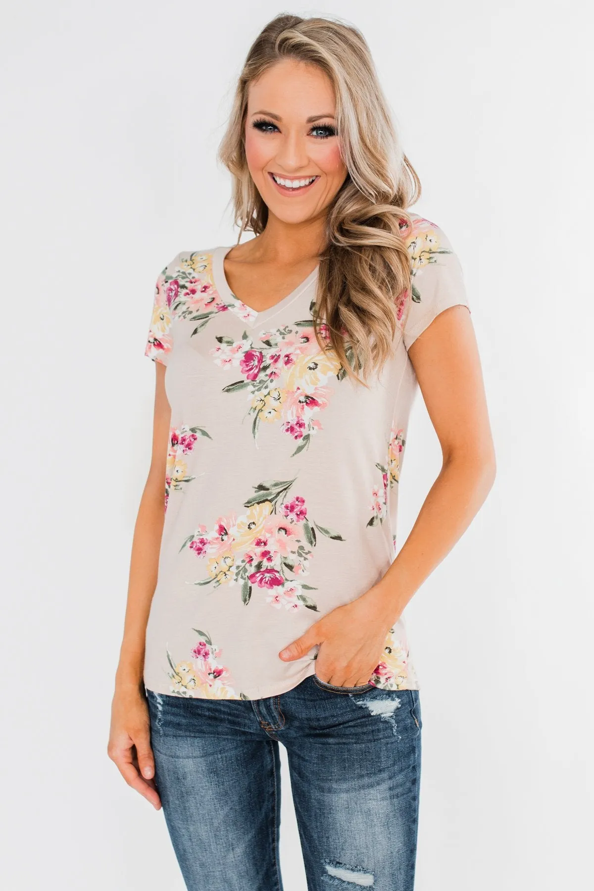 Falling For Floral V-Neck Top- Light Peach