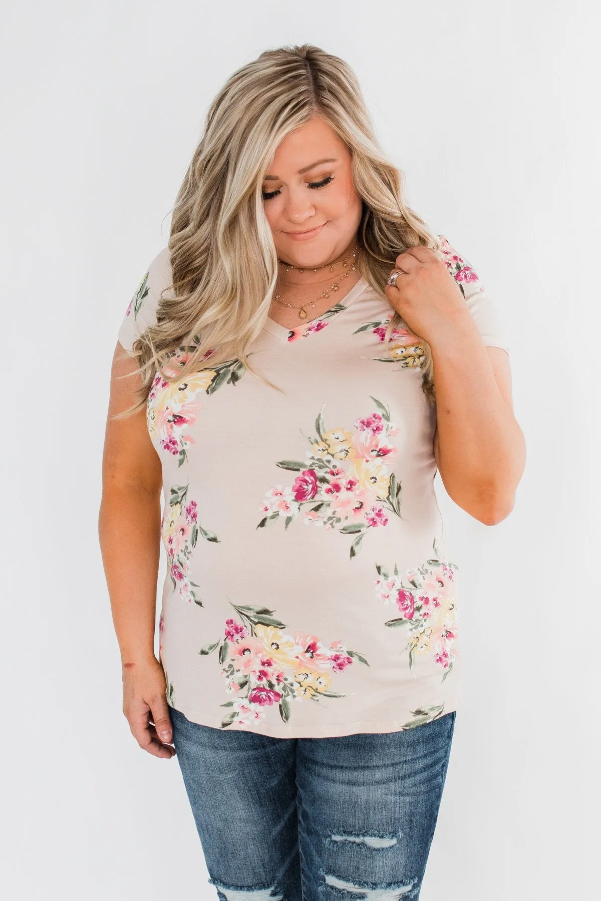 Falling For Floral V-Neck Top- Light Peach