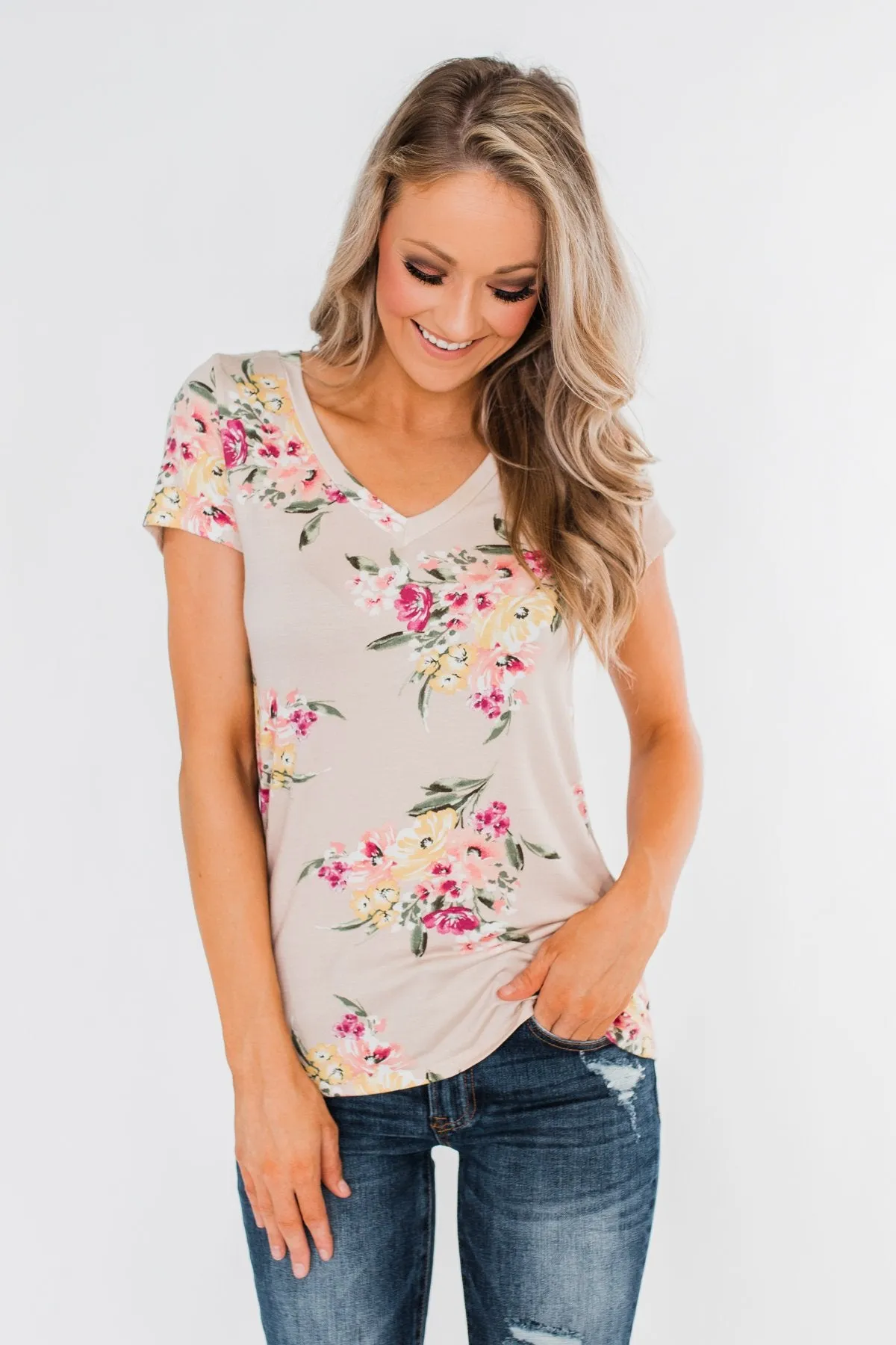 Falling For Floral V-Neck Top- Light Peach