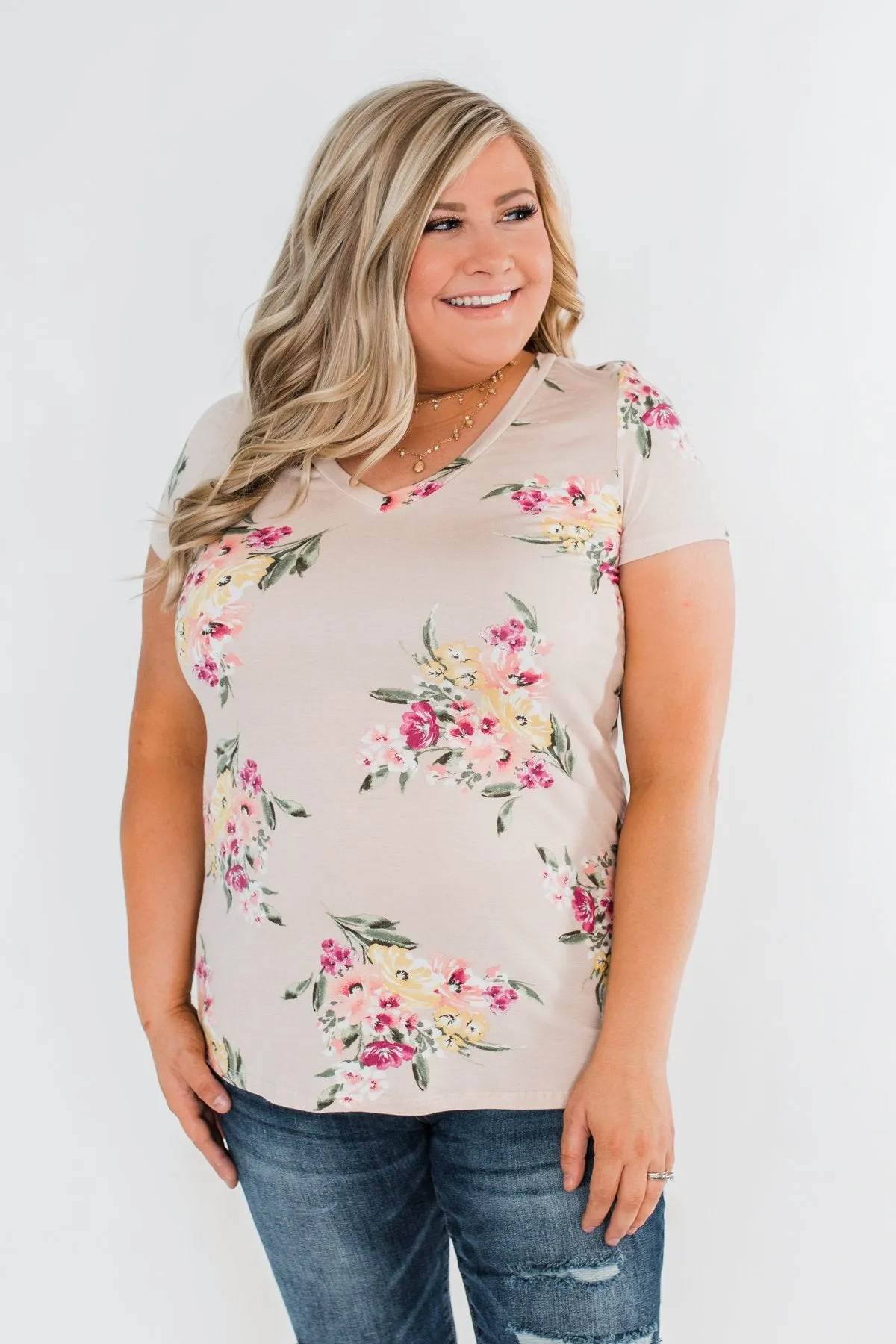 Falling For Floral V-Neck Top- Light Peach