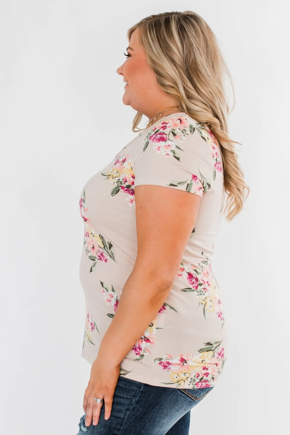 Falling For Floral V-Neck Top- Light Peach