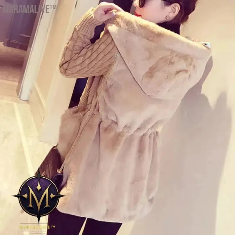 Fashion Faux Fur Coats Women Winter Plus Size S-4XL Hooded Classic Outwear Patchwork Thick Warm Luxury Knitted jacket