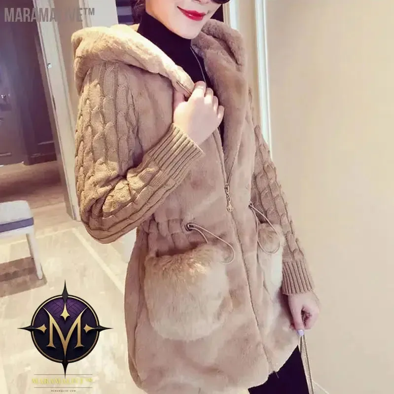 Fashion Faux Fur Coats Women Winter Plus Size S-4XL Hooded Classic Outwear Patchwork Thick Warm Luxury Knitted jacket