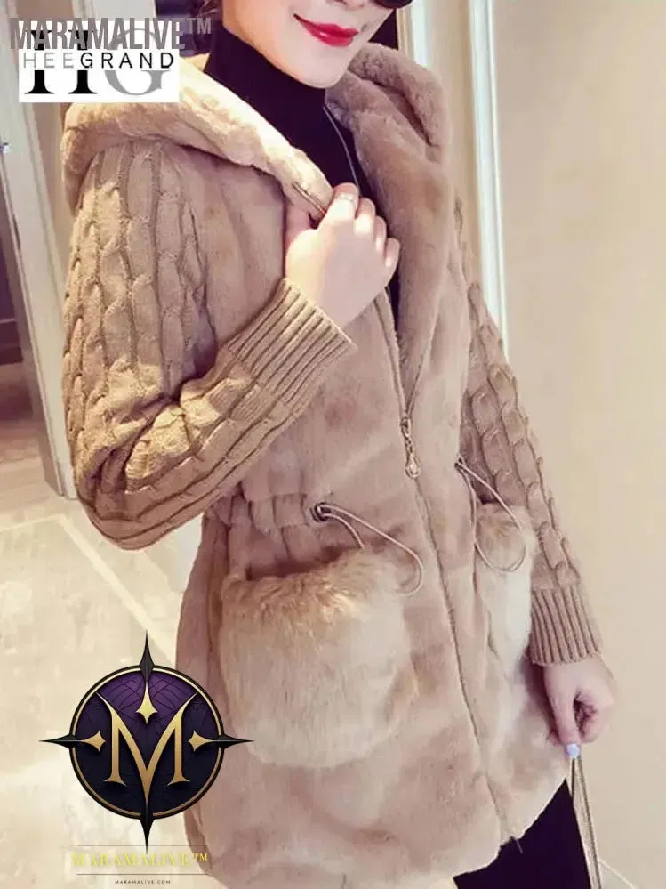 Fashion Faux Fur Coats Women Winter Plus Size S-4XL Hooded Classic Outwear Patchwork Thick Warm Luxury Knitted jacket