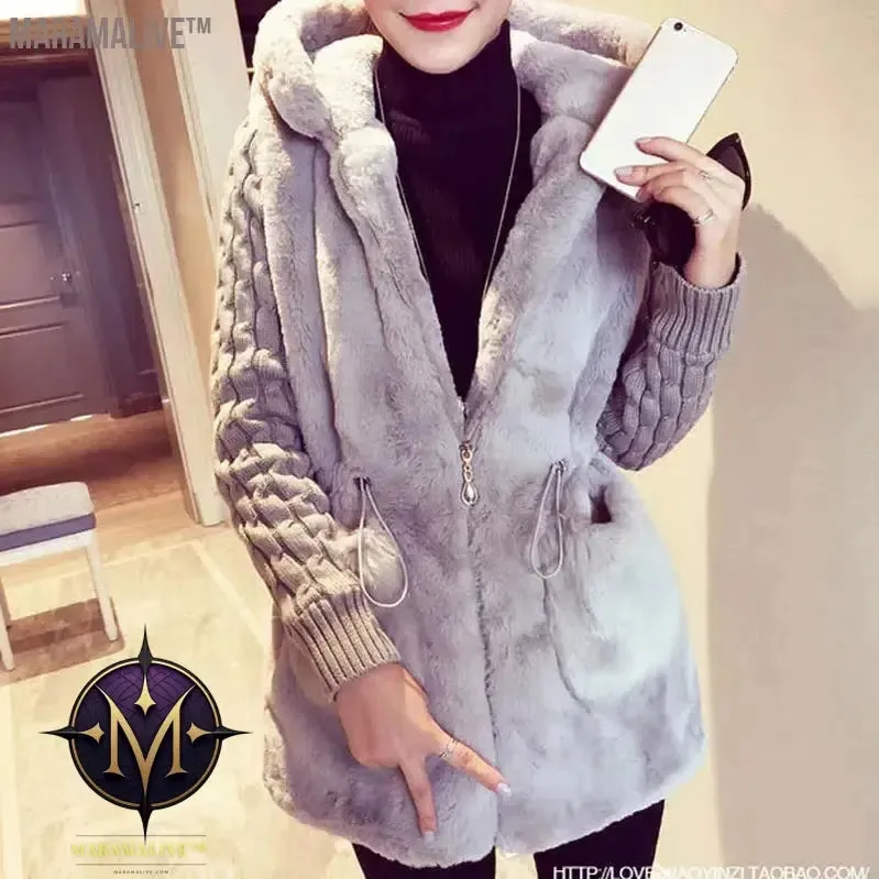 Fashion Faux Fur Coats Women Winter Plus Size S-4XL Hooded Classic Outwear Patchwork Thick Warm Luxury Knitted jacket