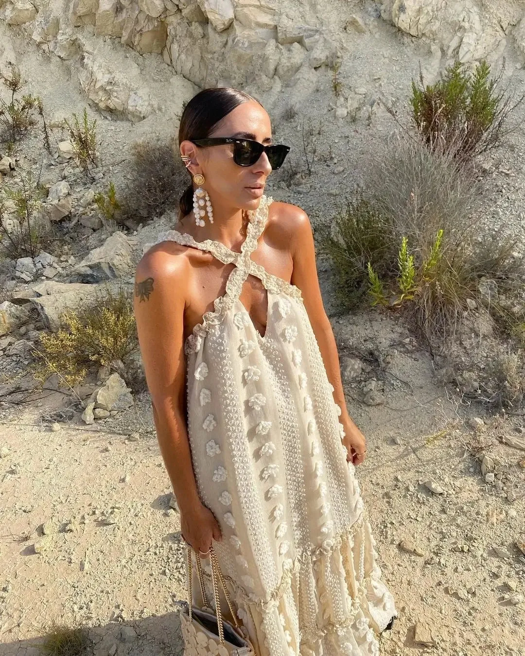 Fifaytech™ Flower Decor Halter Maxi Dress