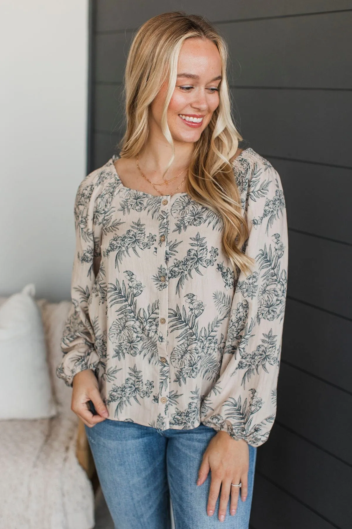 First & Foremost Floral Button Top- Light Taupe