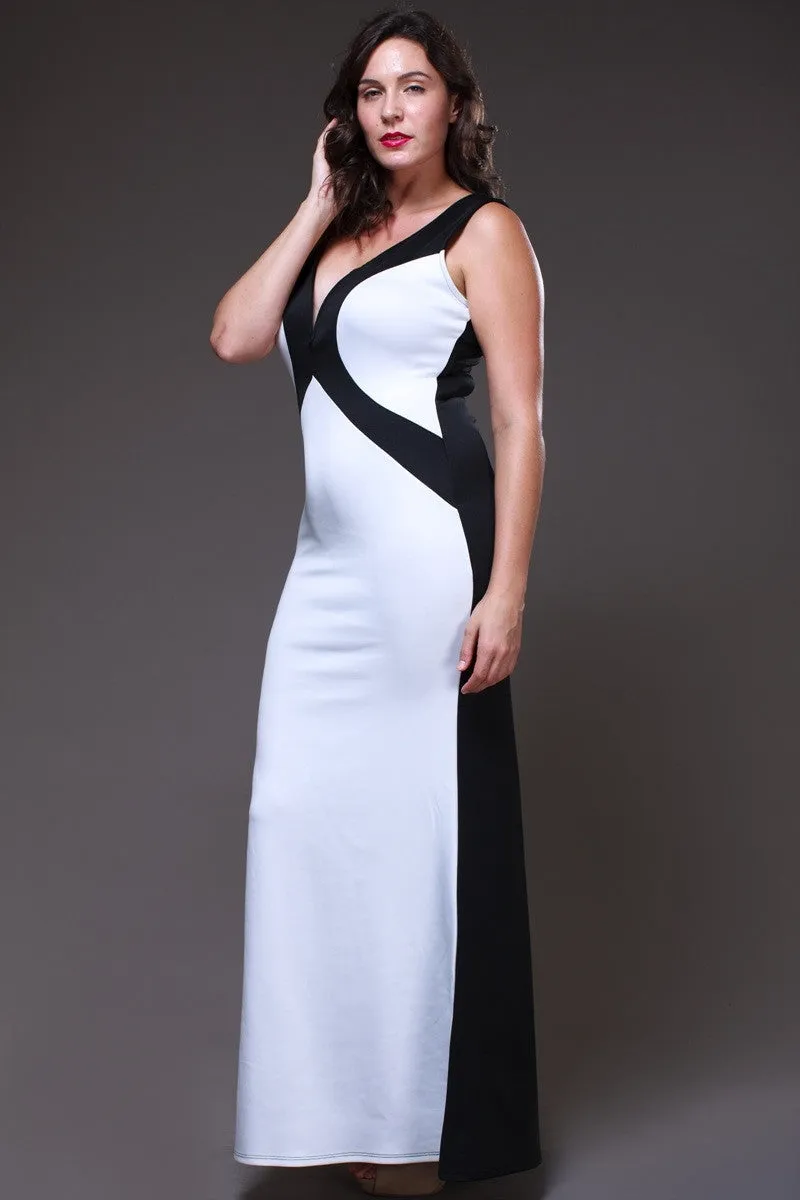 Fitted Black/Ivory Two Tone Maxi Dress V Neck Tank Straps