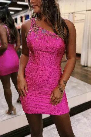Fitted One Shoulder Appliques Beaded Sexy Homecoming Dress