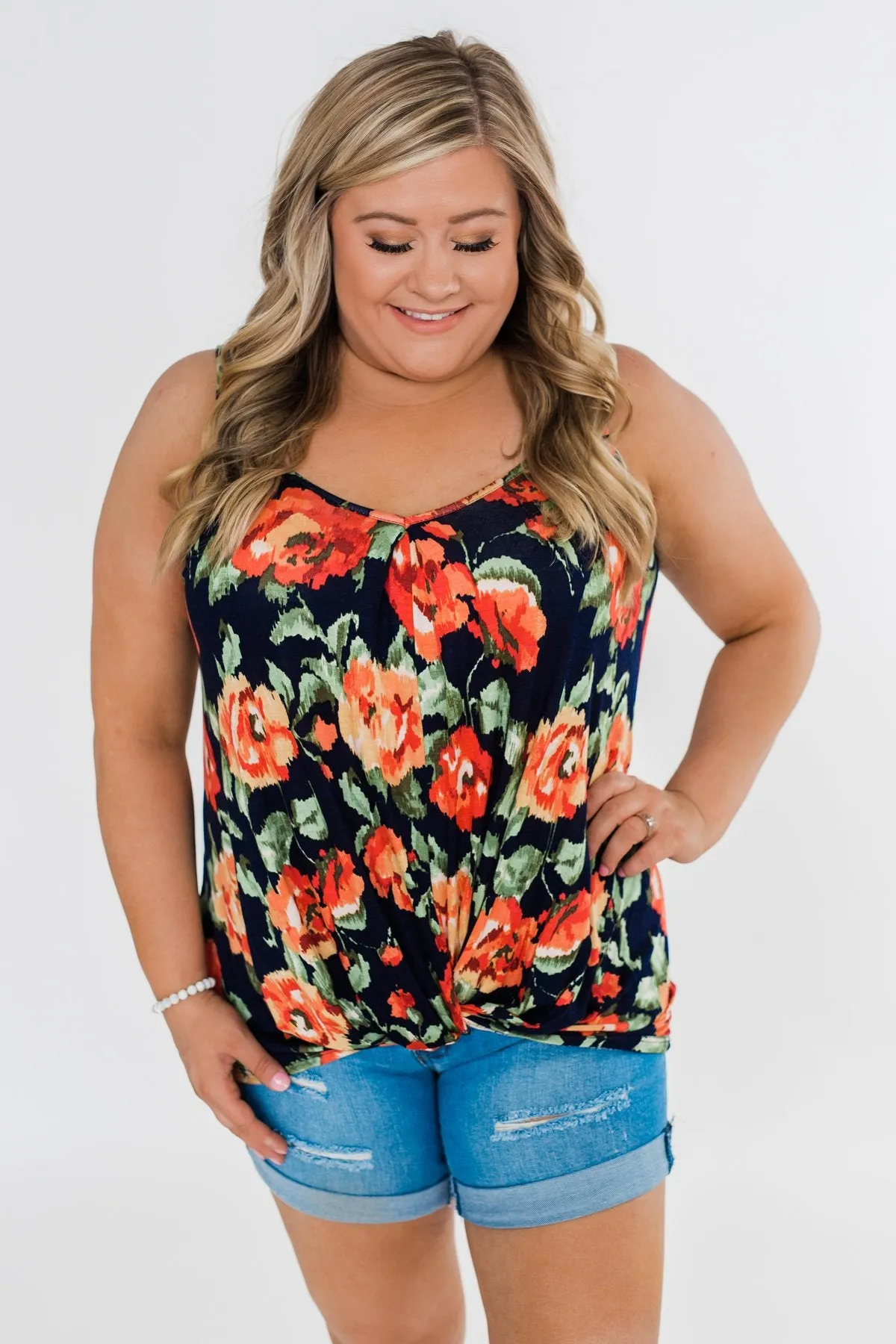 Flirty & Thriving Floral Tank Top- Navy