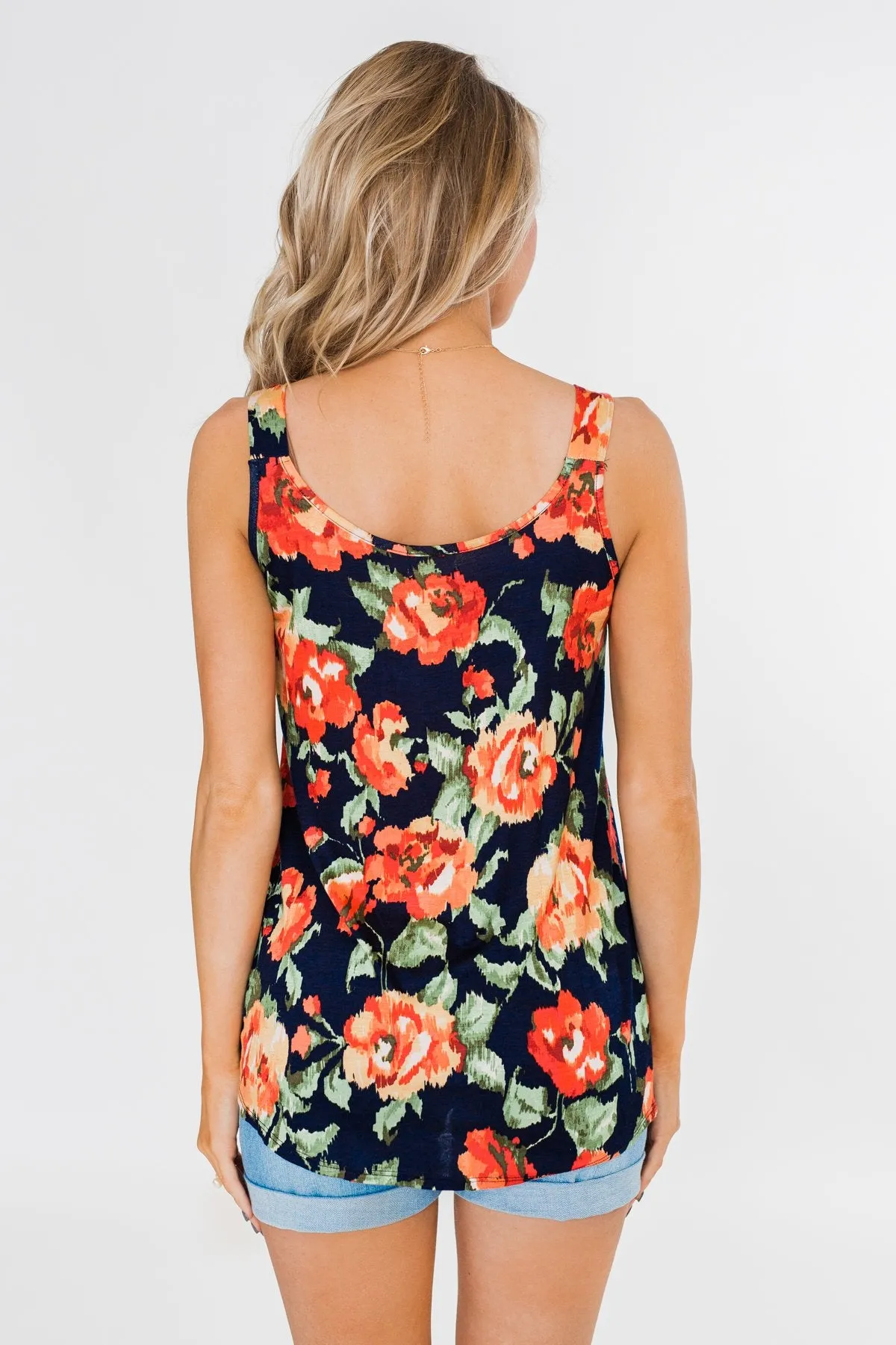Flirty & Thriving Floral Tank Top- Navy