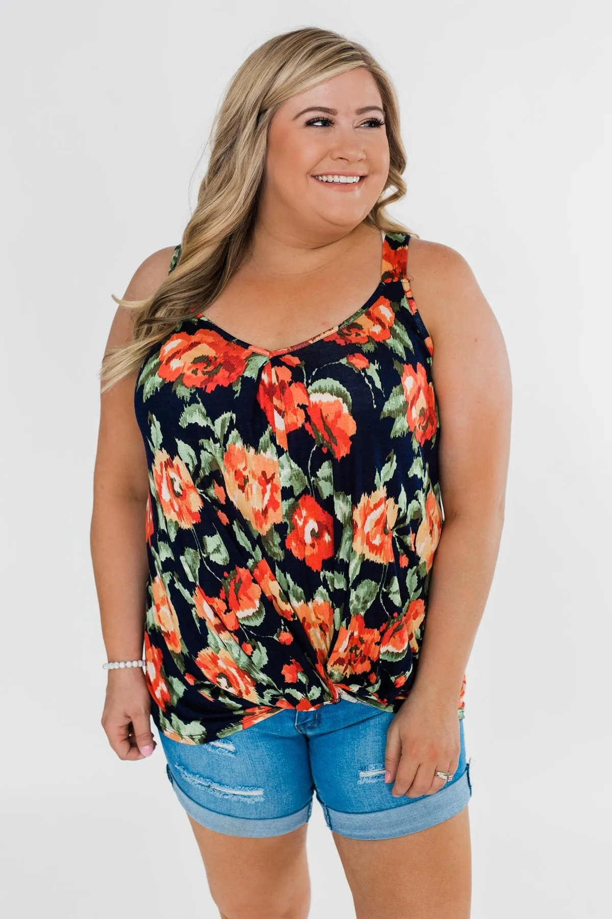 Flirty & Thriving Floral Tank Top- Navy