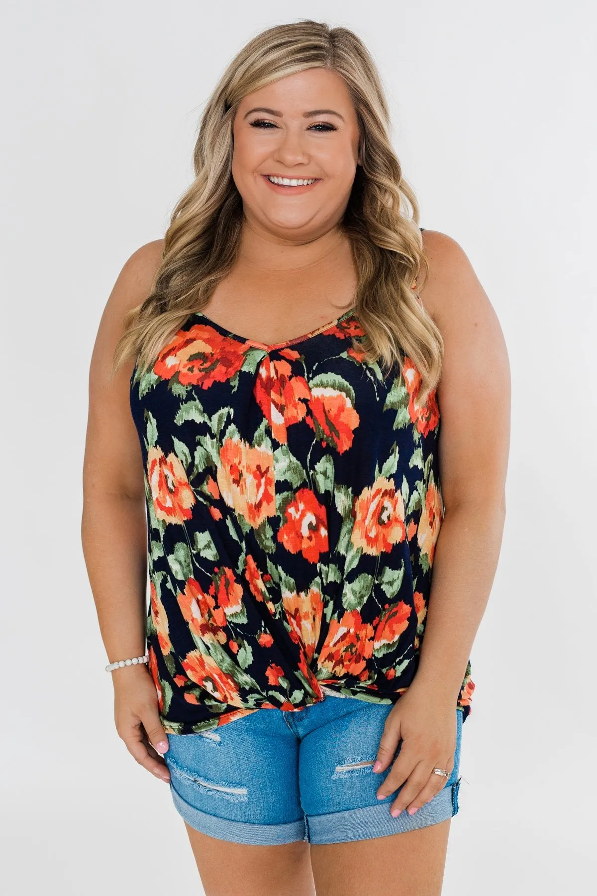 Flirty & Thriving Floral Tank Top- Navy