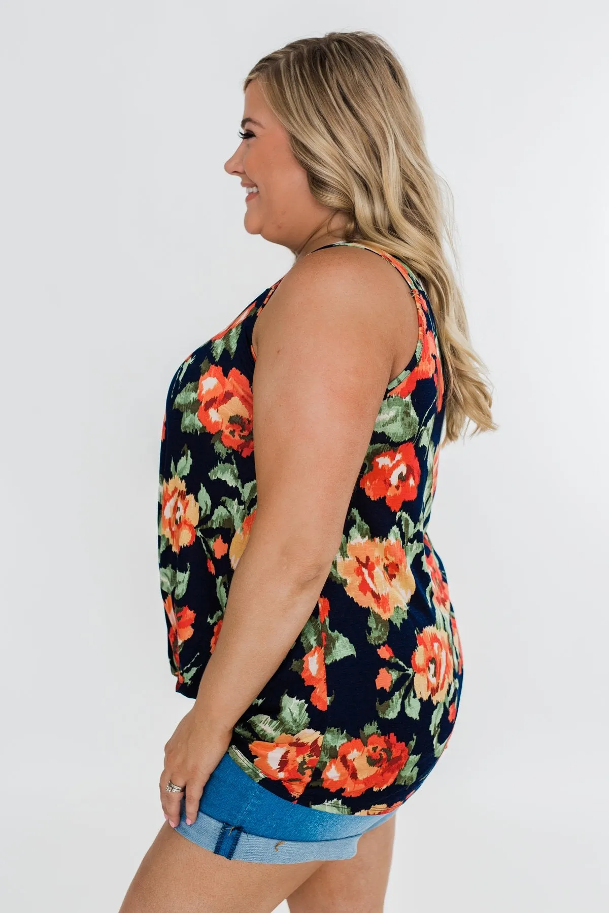 Flirty & Thriving Floral Tank Top- Navy