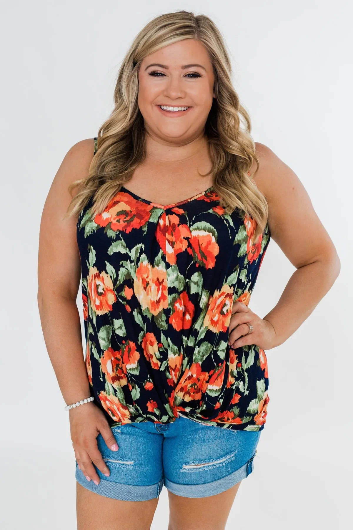 Flirty & Thriving Floral Tank Top- Navy