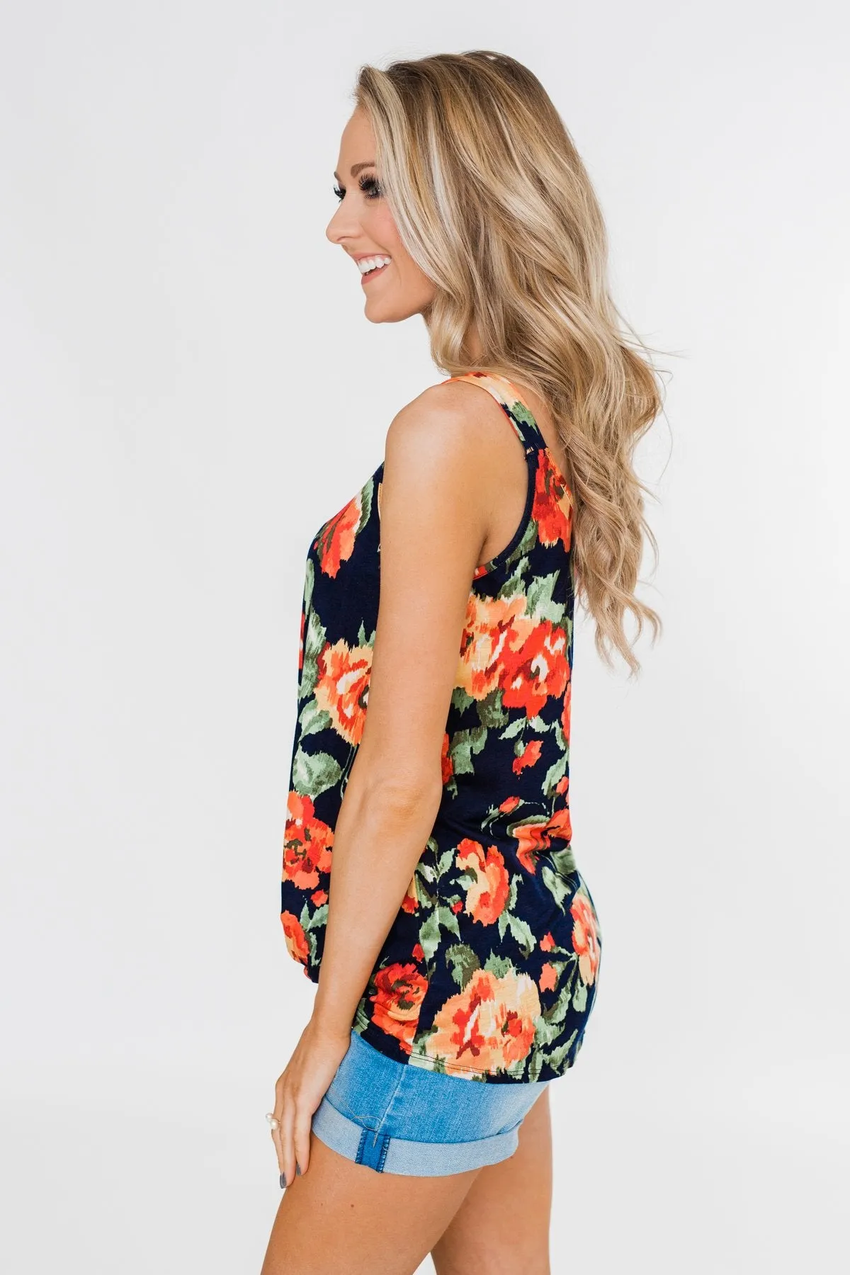 Flirty & Thriving Floral Tank Top- Navy