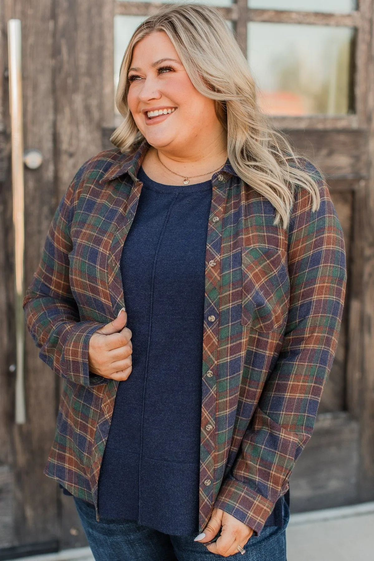 Floating On Air Plaid Button Top- Indigo