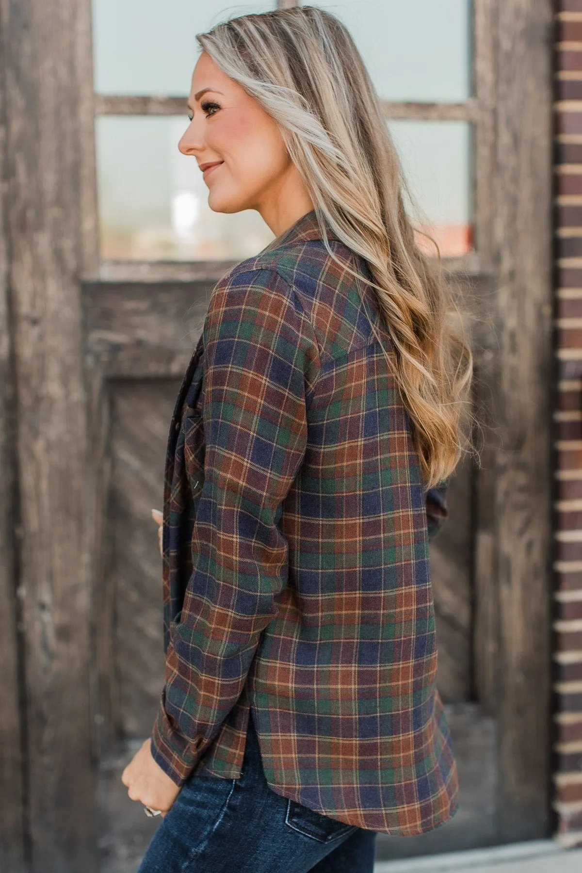 Floating On Air Plaid Button Top- Indigo