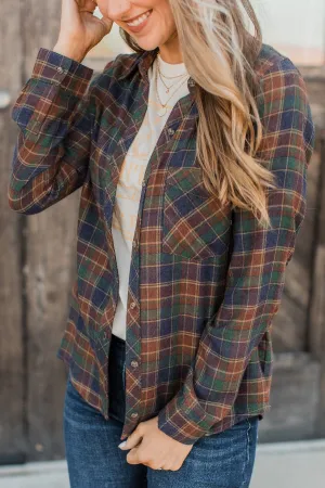 Floating On Air Plaid Button Top- Indigo