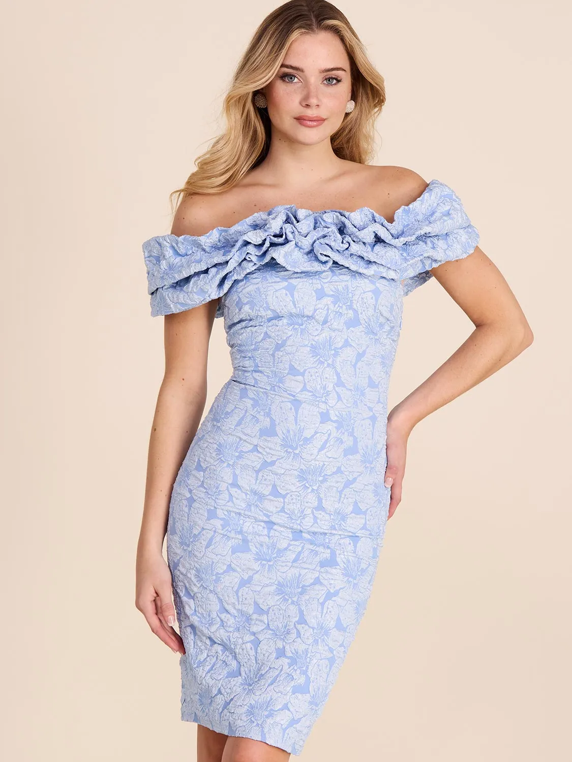 Floral Jacquard Off-The-Shoulder Sheath Dress
