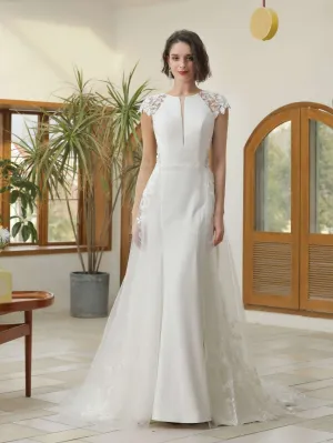 Floral Lace Crepe Sheath Wedding Dress with Tulle Overskirt | Abigail